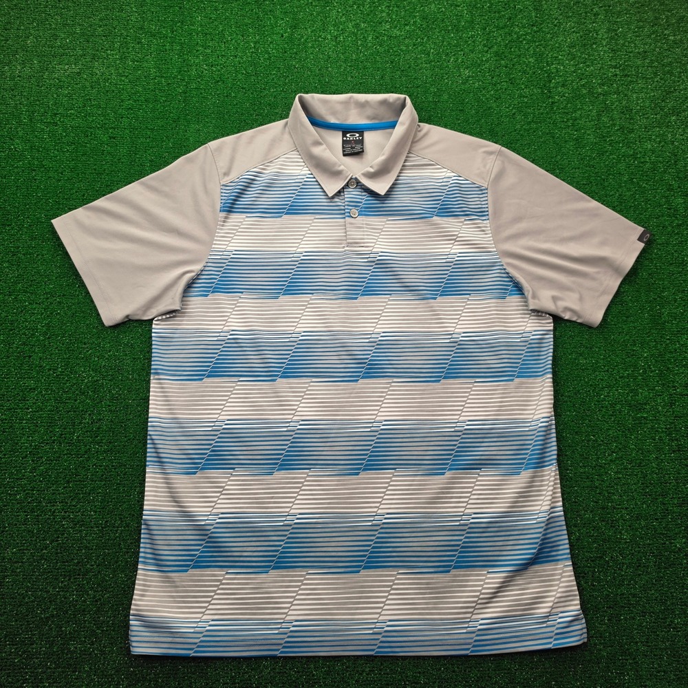 Oakley Performance Golf Polo Shirt Mens Large Gray Blue Geometric Regular Fit